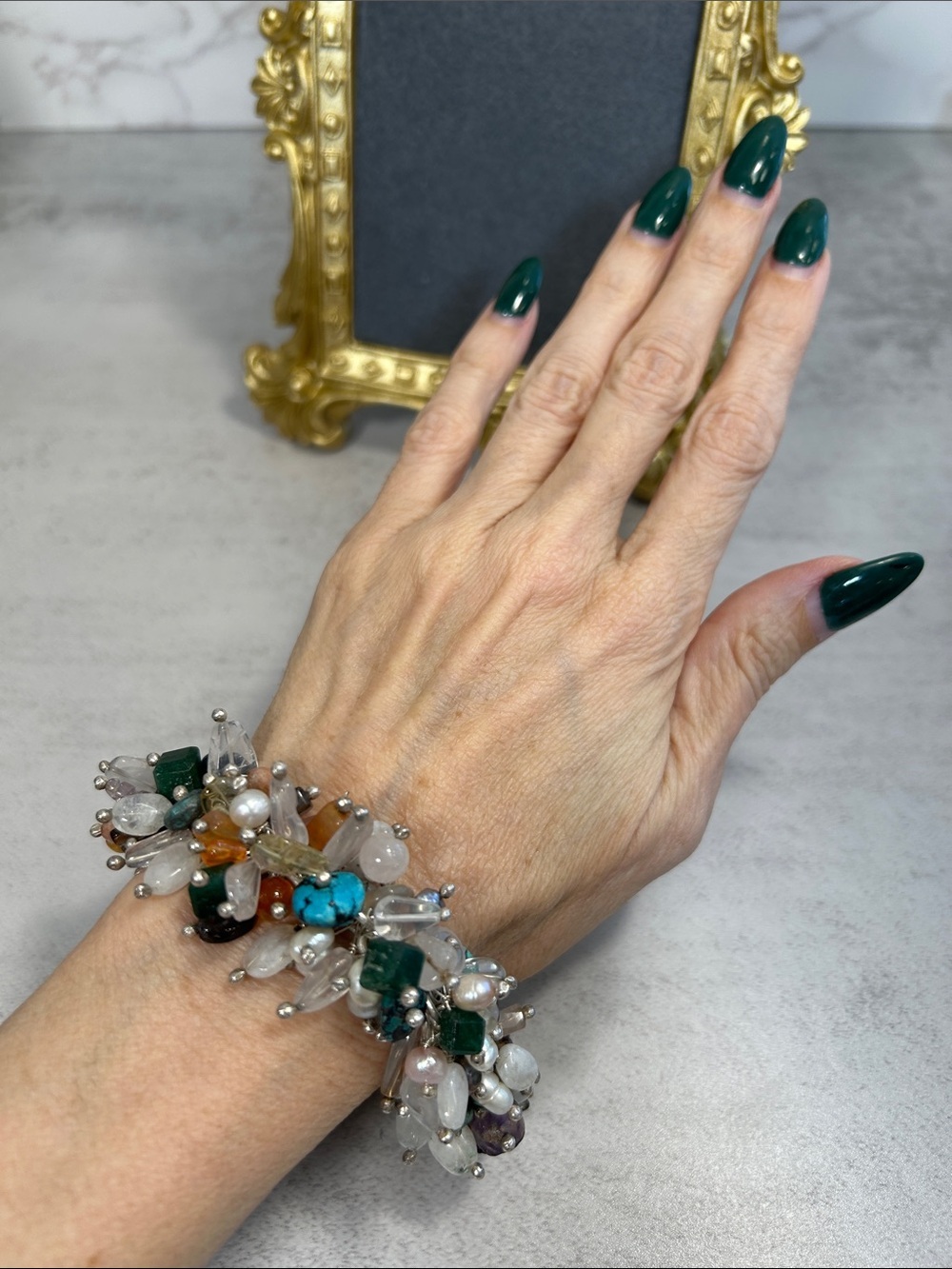 Multicolor Gemstone Cluster 925 Sterling & Freshwater Pearl Bracelet